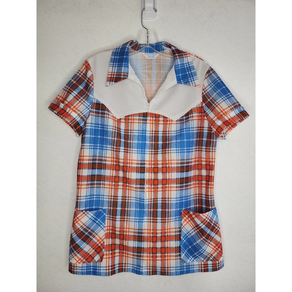 Vintage 70s Sears Retro Plaid Smock Large Pockets CC Zipper Women's Medium